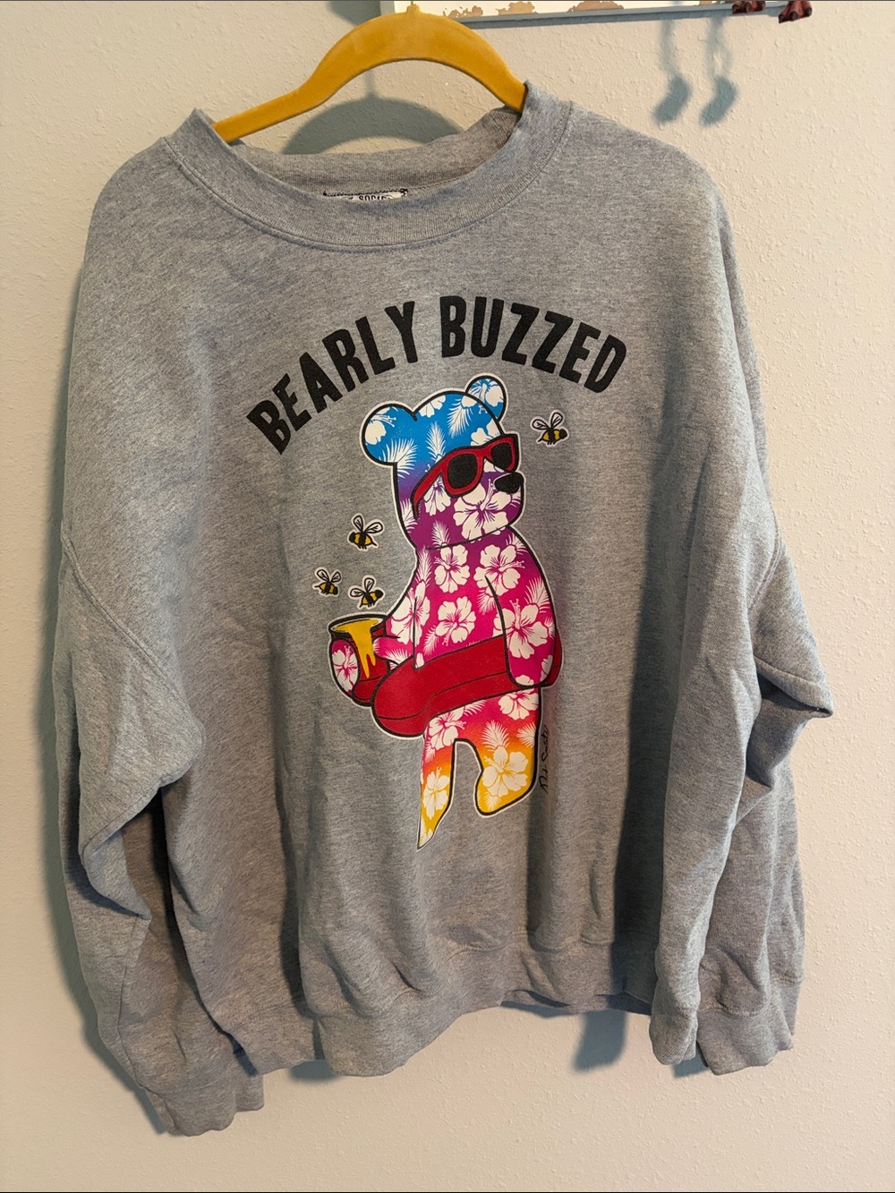 riot society Gray 'Bearly Buzzed' Crewneck Sweater with Multicolor Bear Graphic